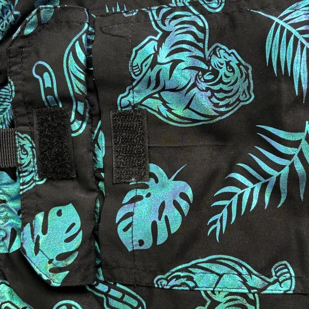 UZZI Men's L Swim Shorts Mesh Lined Trunks‎ Black Iridescent Tiger Palms Beach